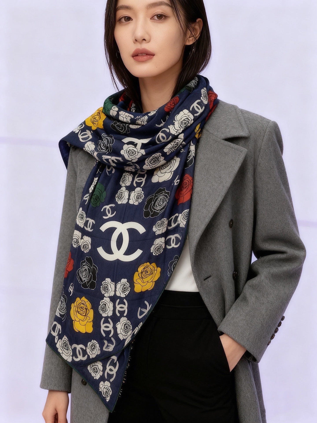 Chanel 2026 Camellia Pattern Scarf 140cm Colorful Cashmere 209427