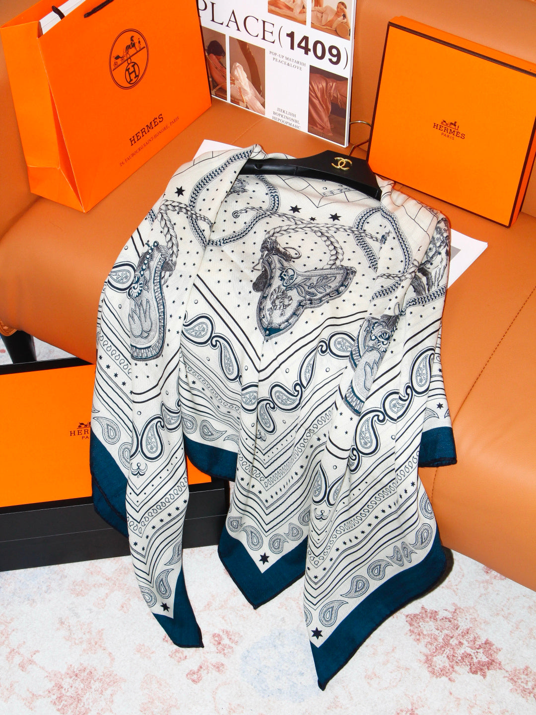 Hermès 2026 Bandana Scarf 140cm Blue Cashmere And Silk 218154