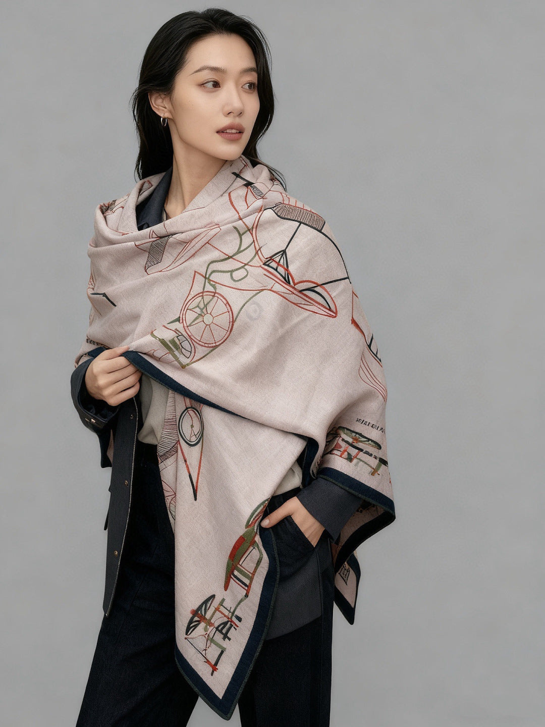 Hermès 2026 Complication Equestre Scarf 140cm Kaki Silk and Cashmere 218147