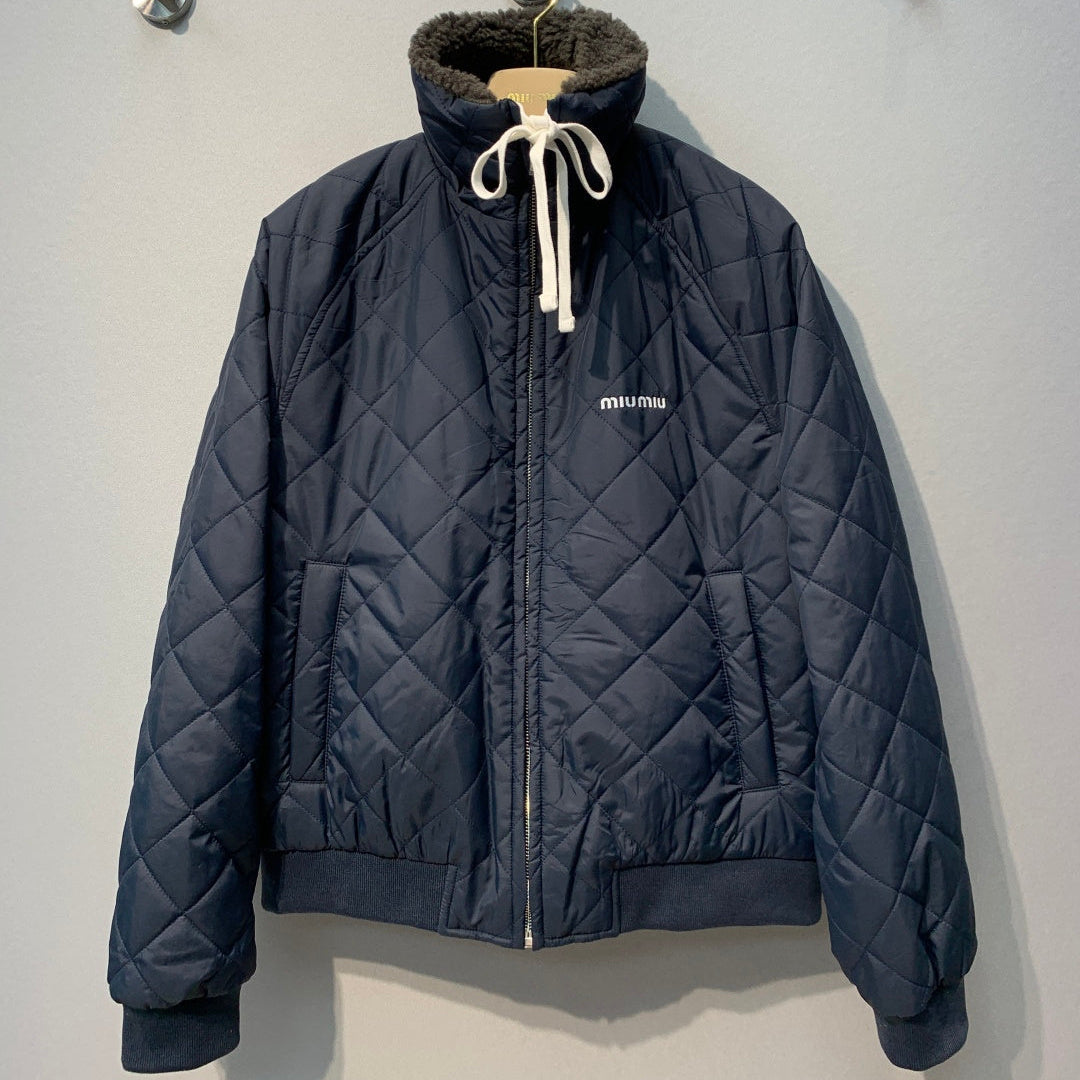 Miumiu 2026 Quilted Down Jacket Navy Blue Pongé Fabric 421170