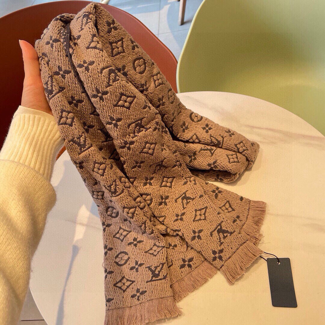 LV Scarf 180cm Beige Black Cashmere 973414