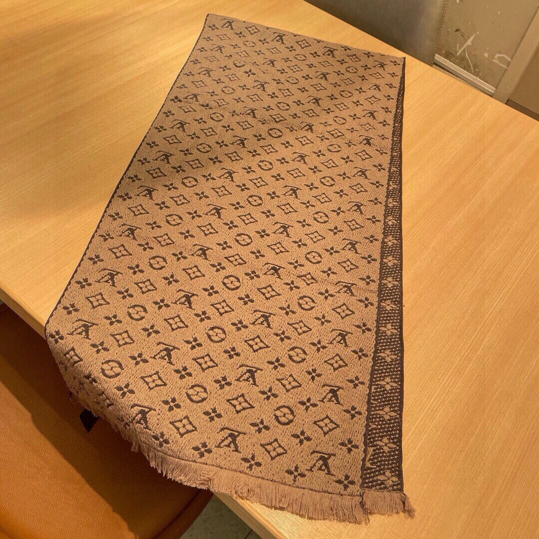 LV Scarf 180cm Beige Black Cashmere 973414