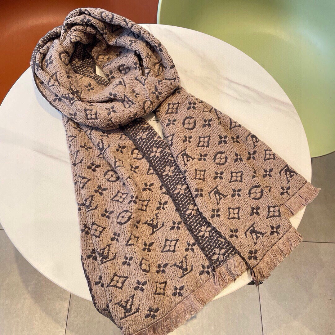 LV Scarf 180cm Beige Black Cashmere 973414