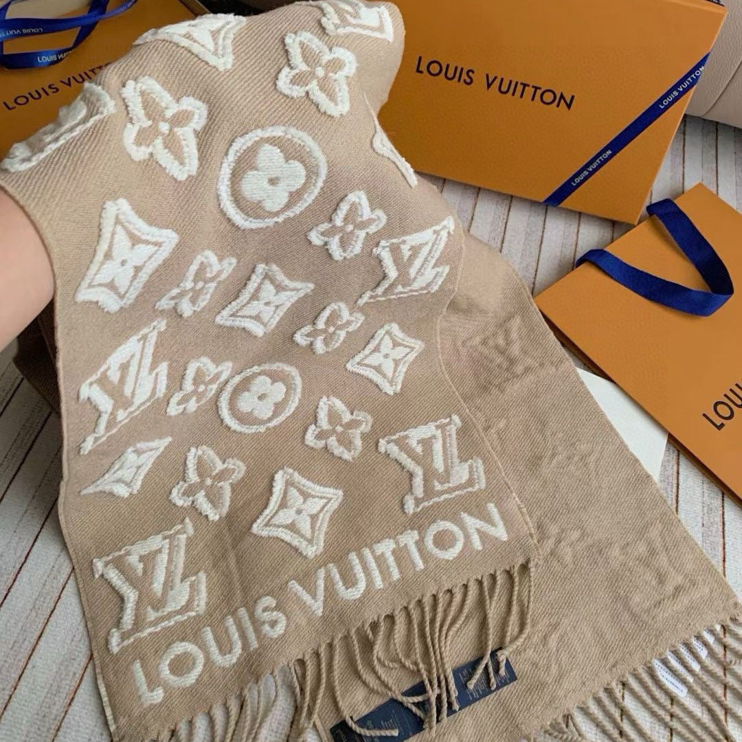 LV 3D Scarf 220cm Beige White Cashmere 973416