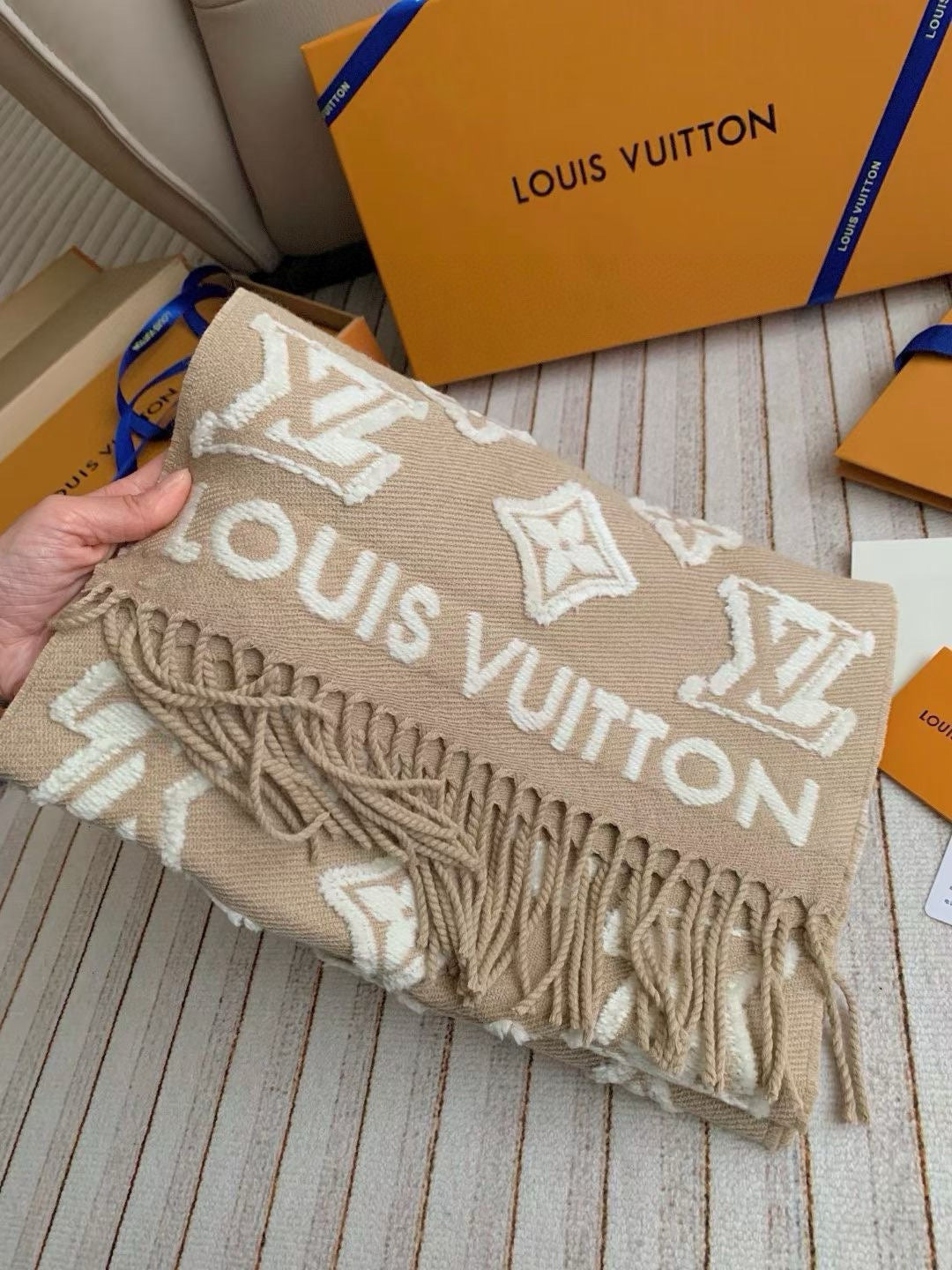 LV 3D Scarf 220cm Beige White Cashmere 973416