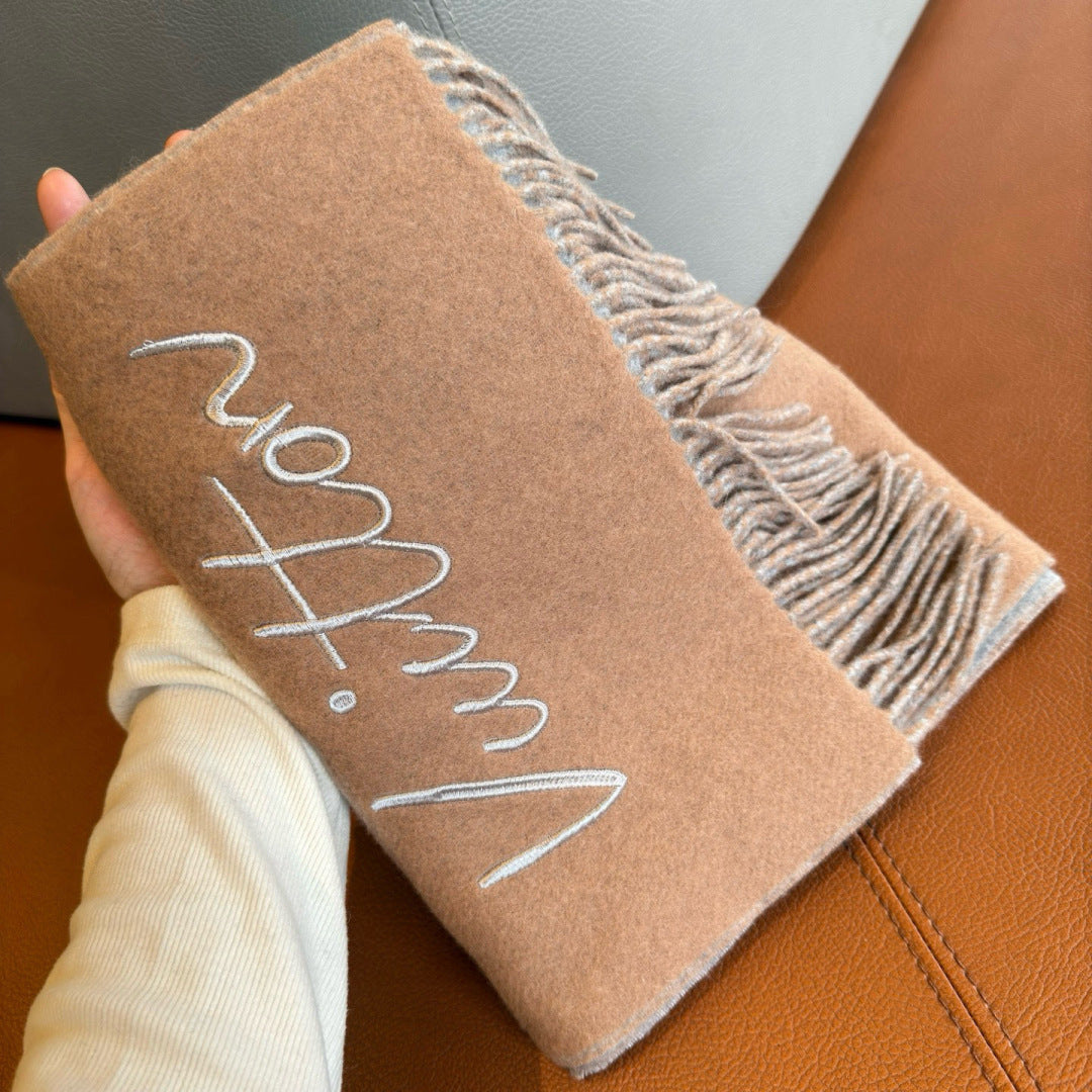 LV Reversible Scarf 180cm Light Brown Gray Sheep Wool 978752