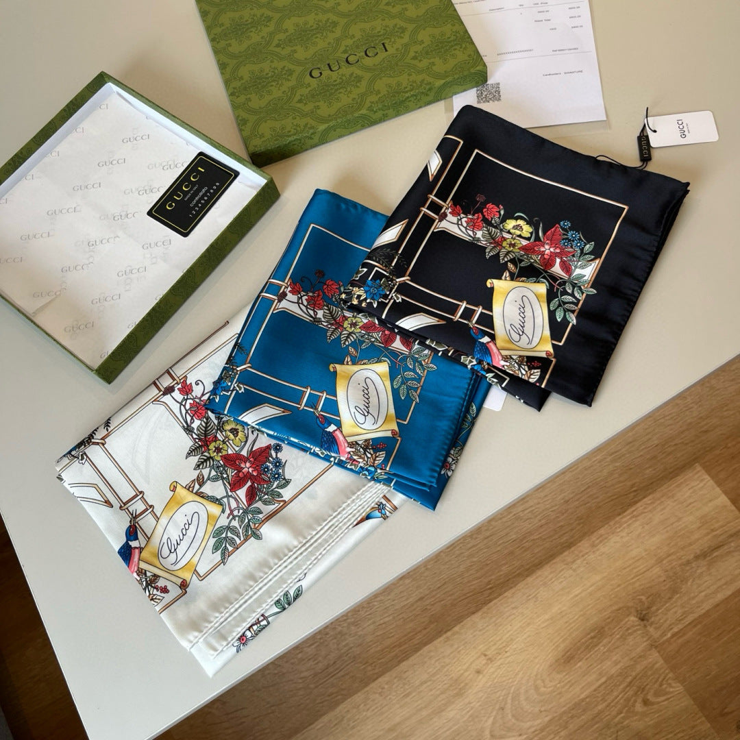 GG Signature Floral Scarf 90CM Cream Muticolor Twill Mulberry Silk 280661