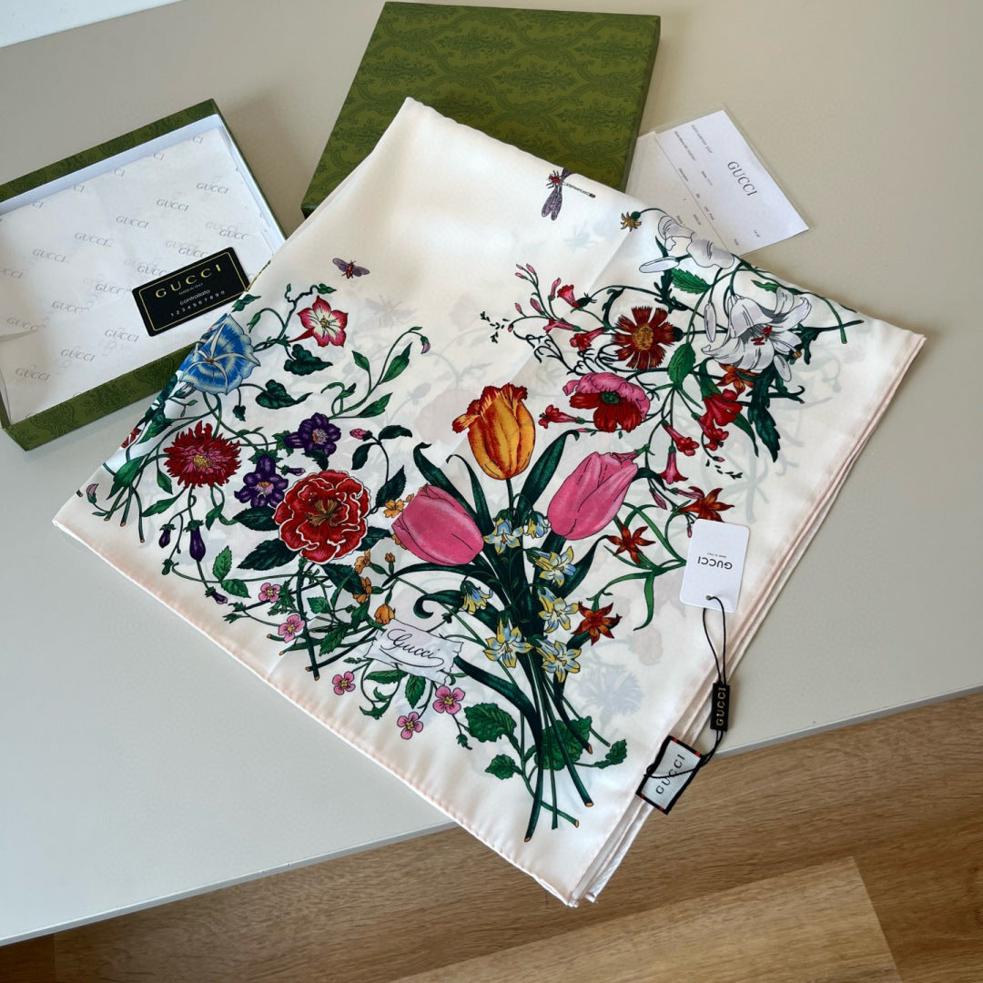 GG Scarf 90CM  White Multi-Colored Floral Mulberry Silk 286774