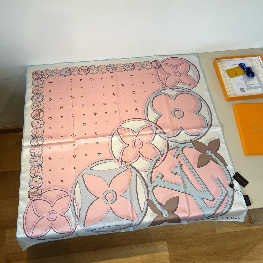LV Double Sided Scarf 90 Light Pink Blue Monogram Mulberry Silk 156049