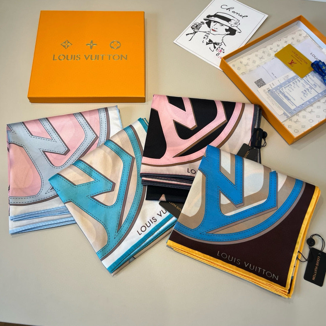 LV Double Sided Scarf 90 Light Pink Blue Monogram Mulberry Silk 156049