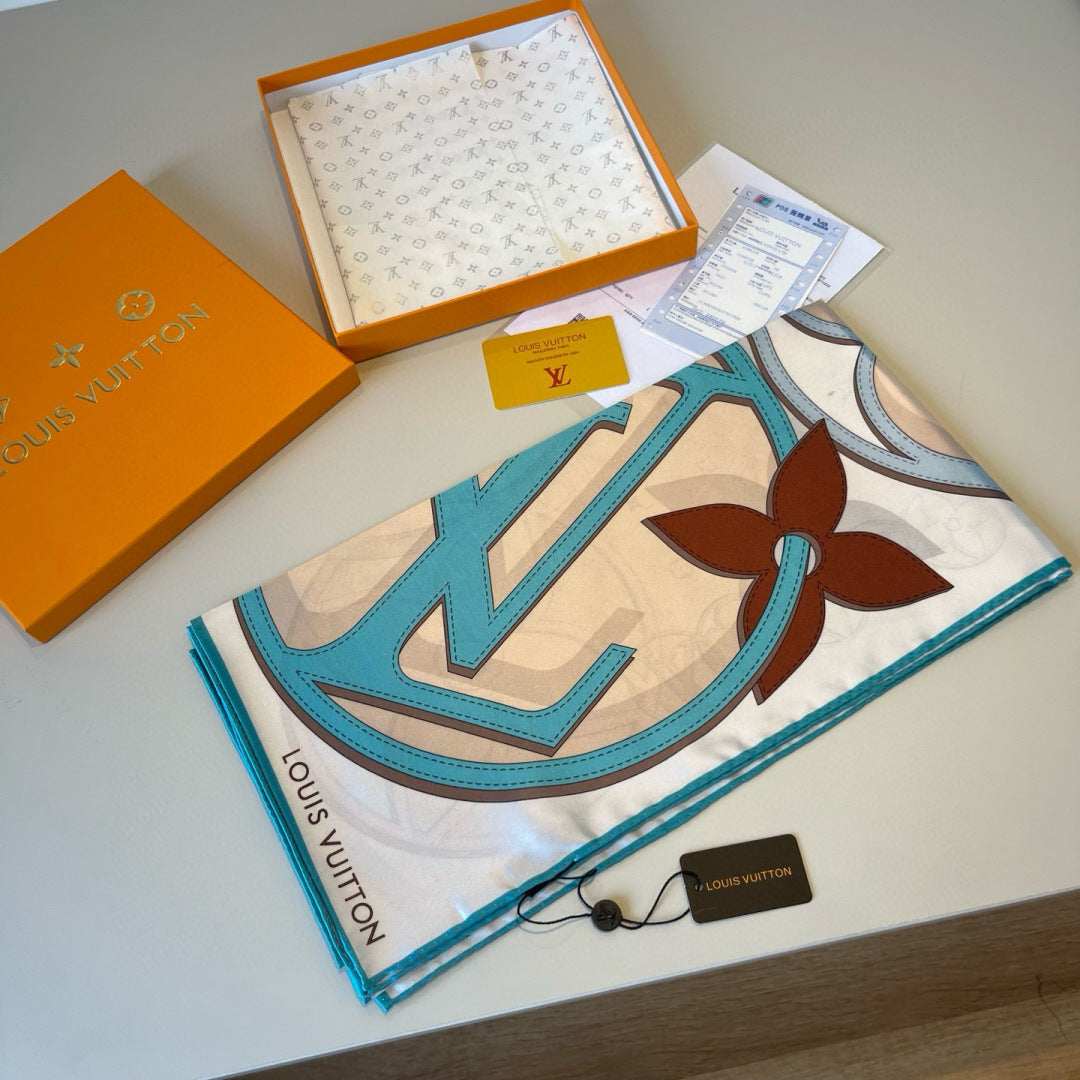 LV Double Sided Scarf 90 Beige Turquoise Monogram Mulberry Silk 156050