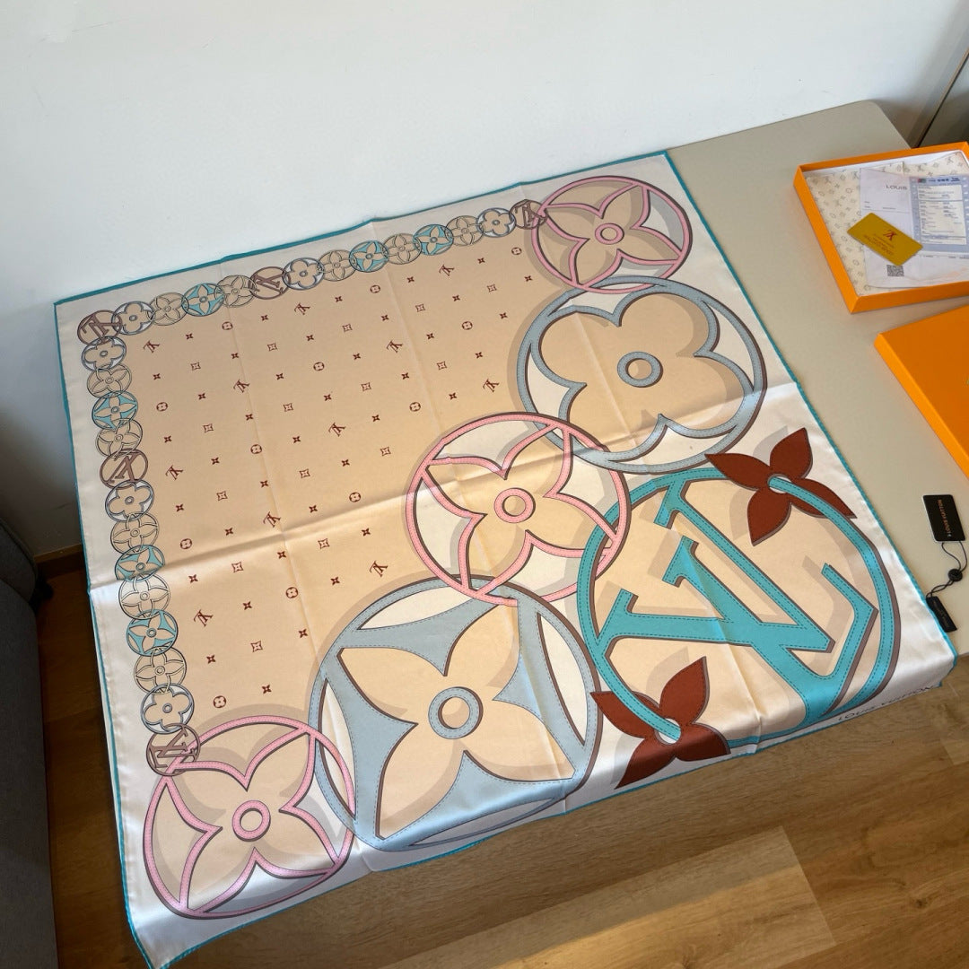 LV Double Sided Scarf 90 Beige Turquoise Monogram Mulberry Silk 156050