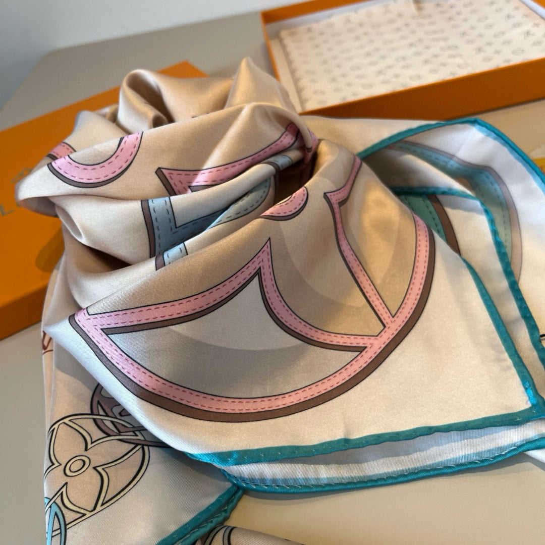 LV Double Sided Scarf 90 Beige Turquoise Monogram Mulberry Silk 156050