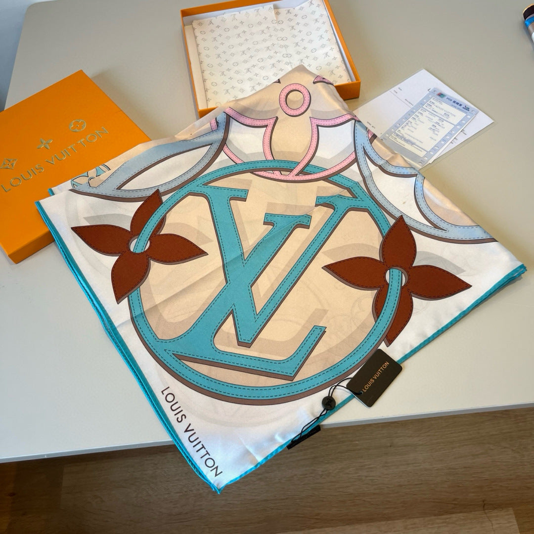 LV Double Sided Scarf 90 Beige Turquoise Monogram Mulberry Silk 156050