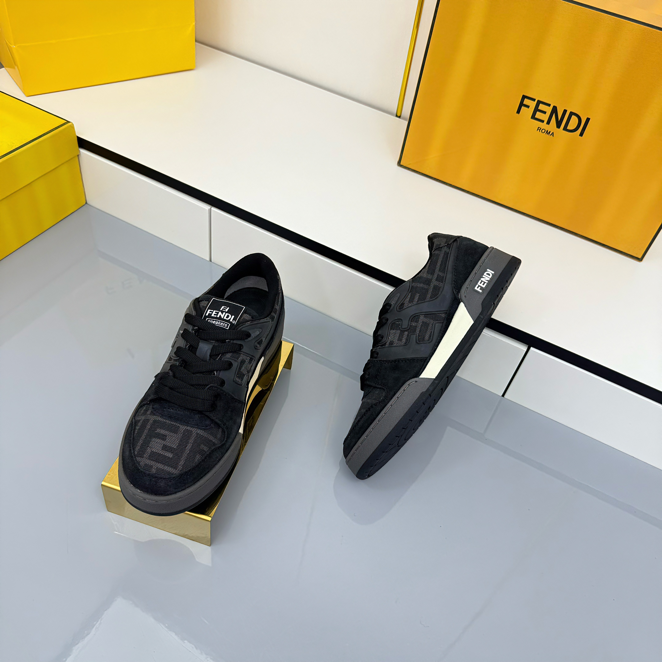 Fendi 2025 FF Jacquard Pattern Sneaker Black Suede Cowhide 559789