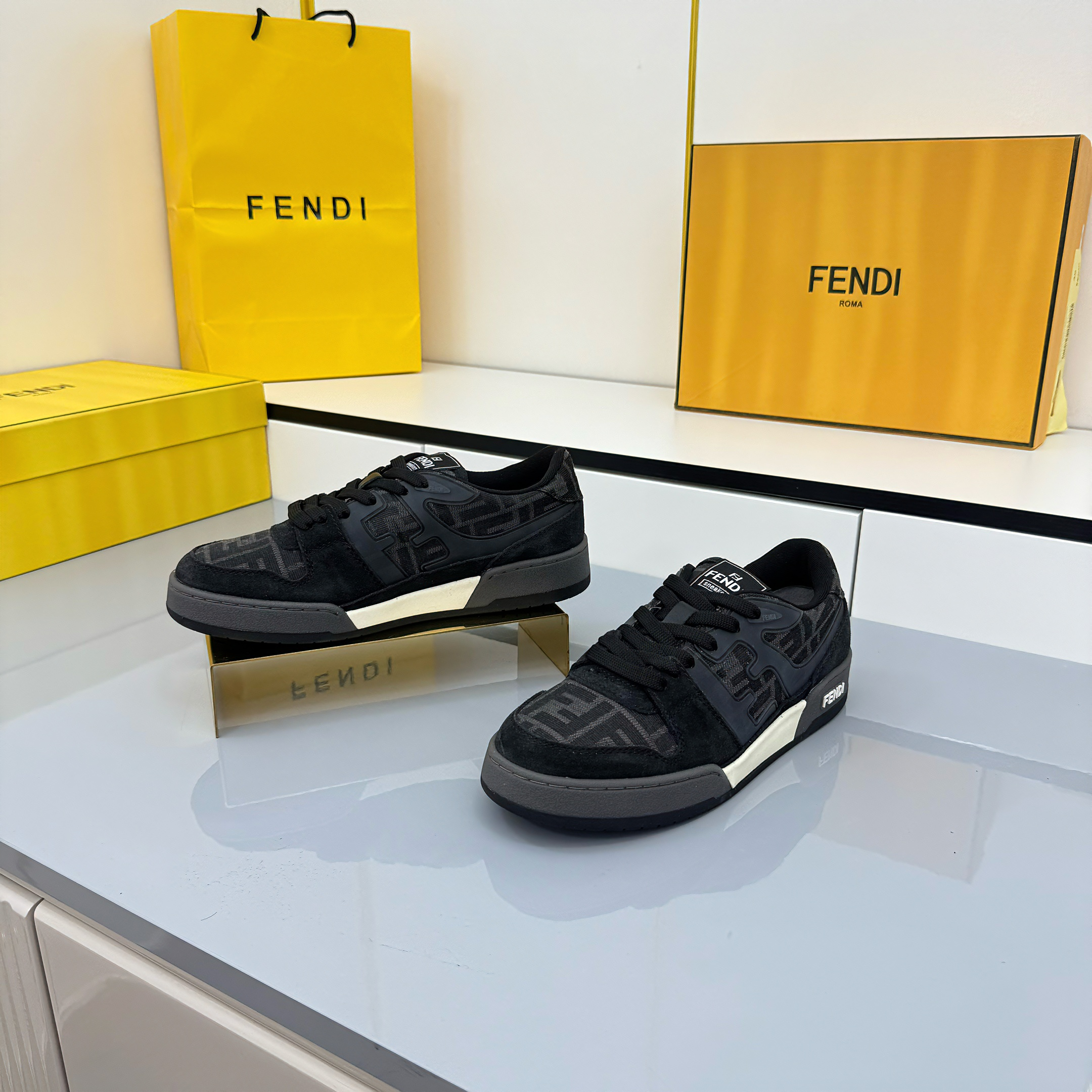 Fendi 2025 FF Jacquard Pattern Sneaker Black Suede Cowhide 559789