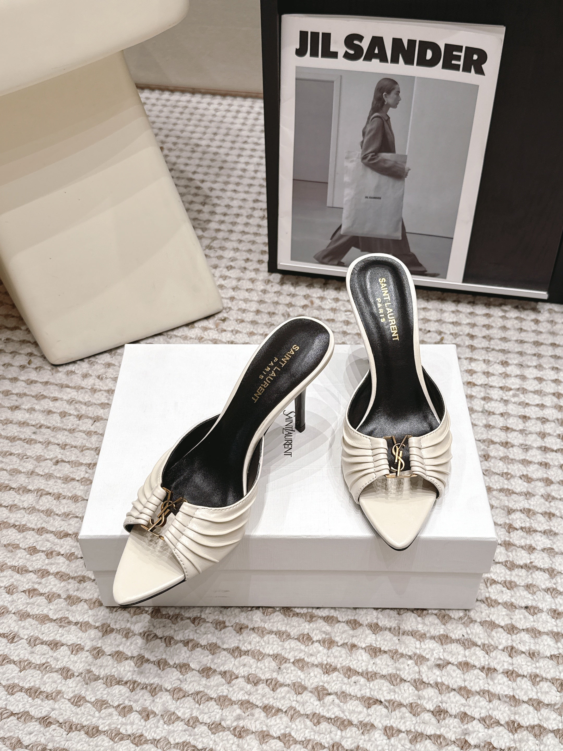 YSL 2026 Babylone Mules 90mm Cream mix Black Soft Cowhide 813423