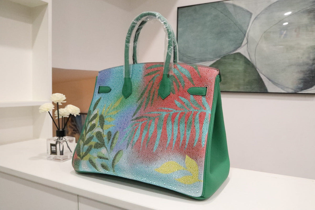 High-end Hermes 2026 "Paradise" Swarovski Crystal Birkin 35cm Bag Vert Vertigo Togo Leather