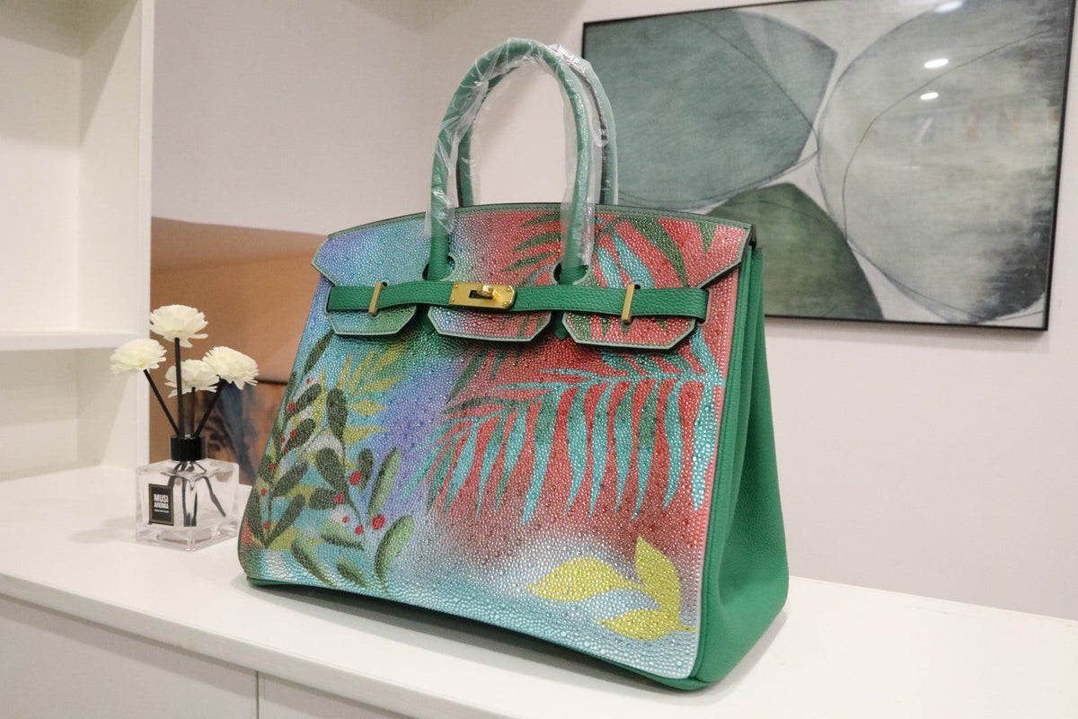 High-end Hermes 2026 "Paradise" Swarovski Crystal Birkin 35cm Bag Vert Vertigo Togo Leather