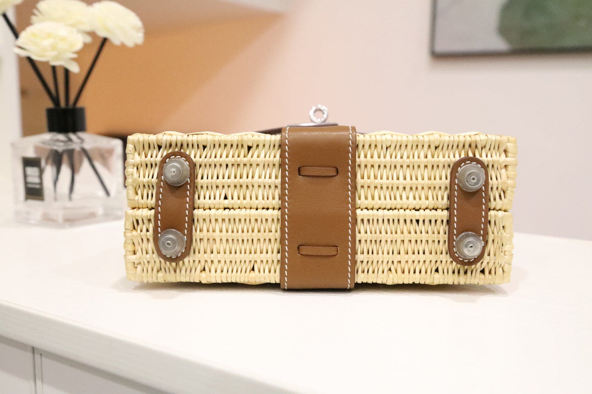 High-end Hermes 2026 Kelly Picnic Bag 20cm Golden Brown Leather/Woven Rattan