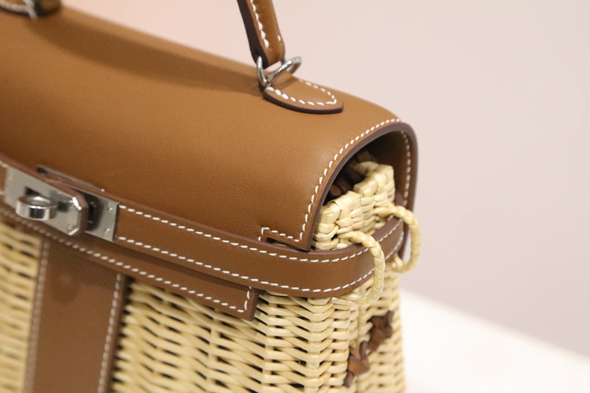 High-end Hermes 2026 Kelly Picnic Bag 20cm Golden Brown Leather/Woven Rattan