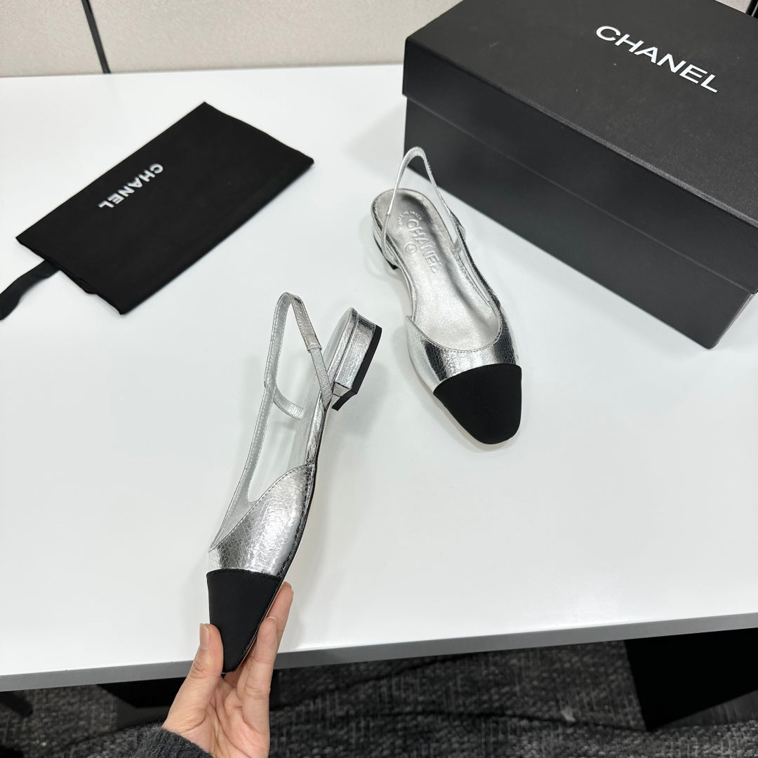 Chanel 2026 Slingback Flat Silver Metallic Leather 626359