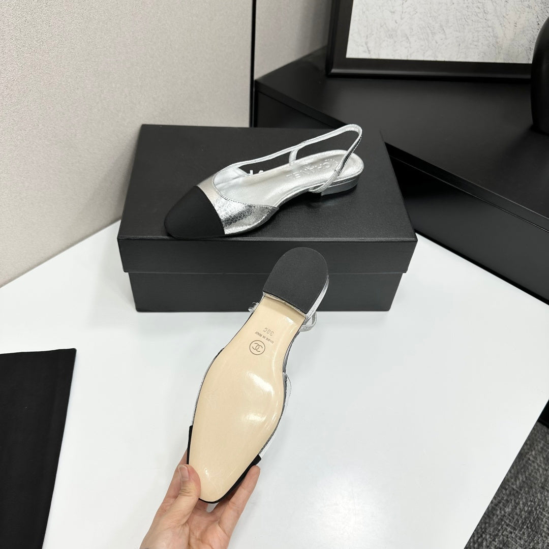 Chanel 2026 Slingback Flat Silver Metallic Leather 626359