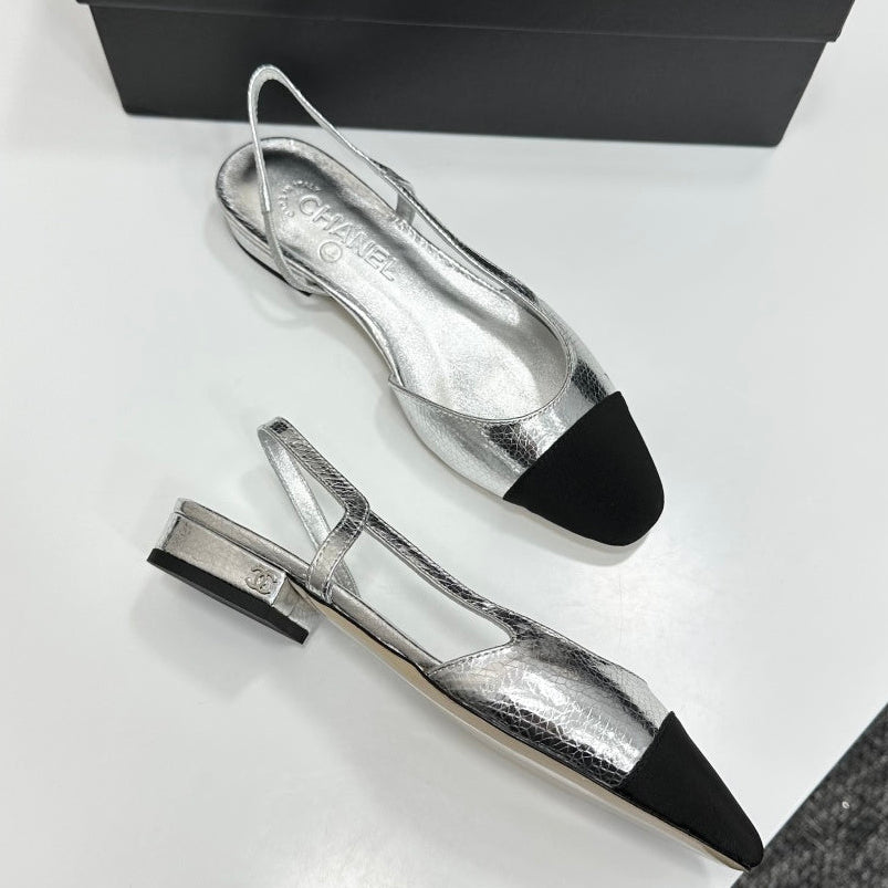 Chanel 2026 Slingback Flat Silver Metallic Leather 626359