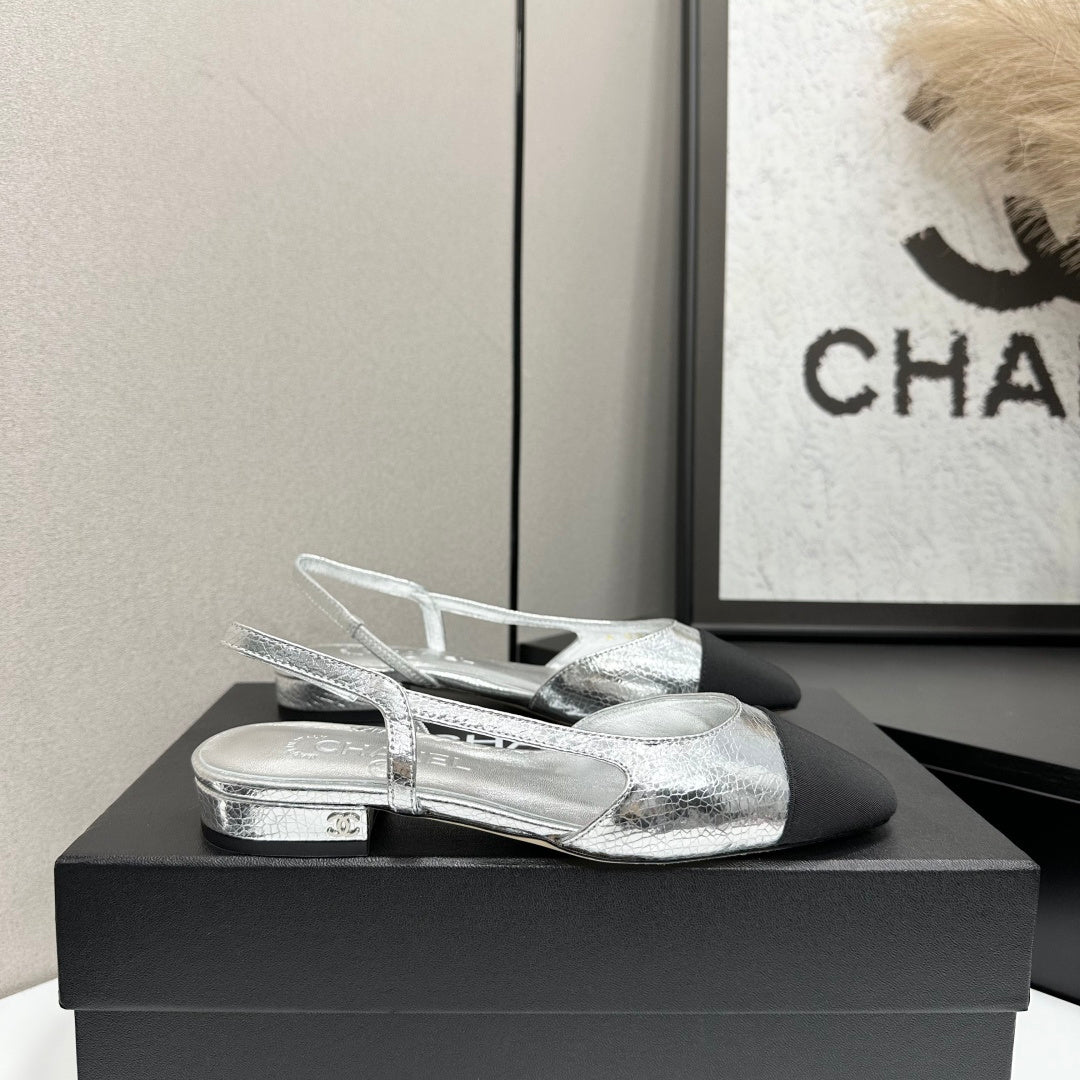 Chanel 2026 Slingback Flat Silver Metallic Leather 626359