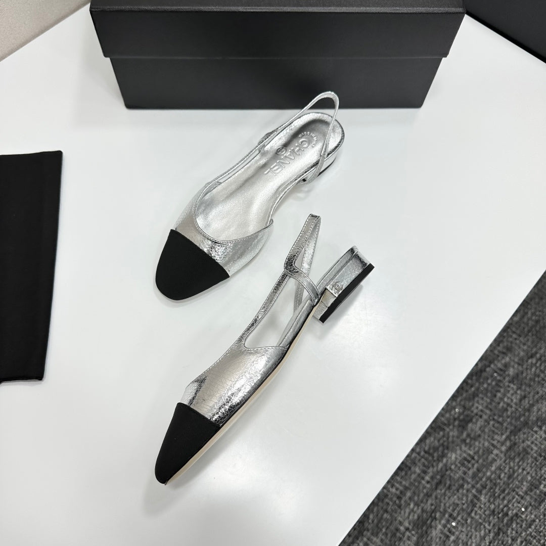 Chanel 2026 Slingback Flat Silver Metallic Leather 626359