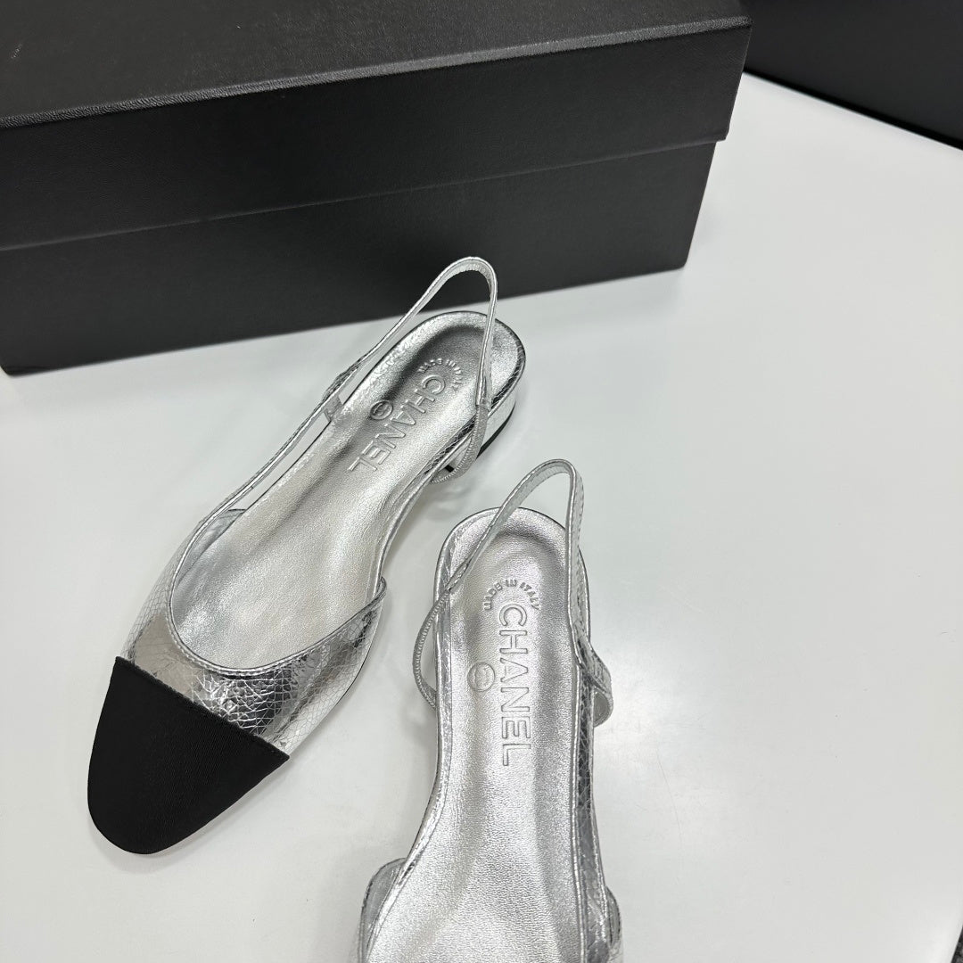 Chanel 2026 Slingback Flat Silver Metallic Leather 626359