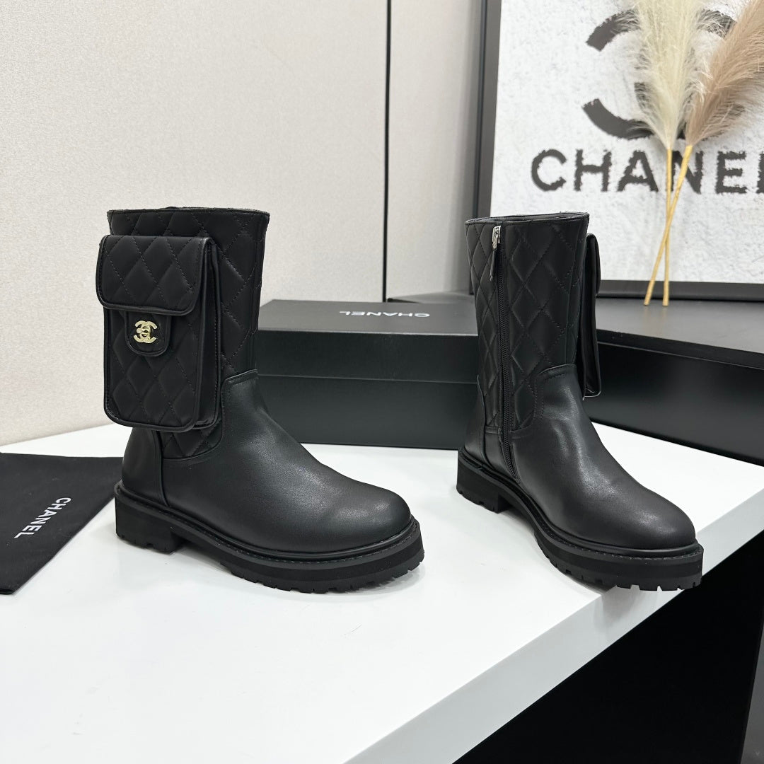 Chanel 2026 Quilted Pocket Combat Boots Black Cowhide 985931