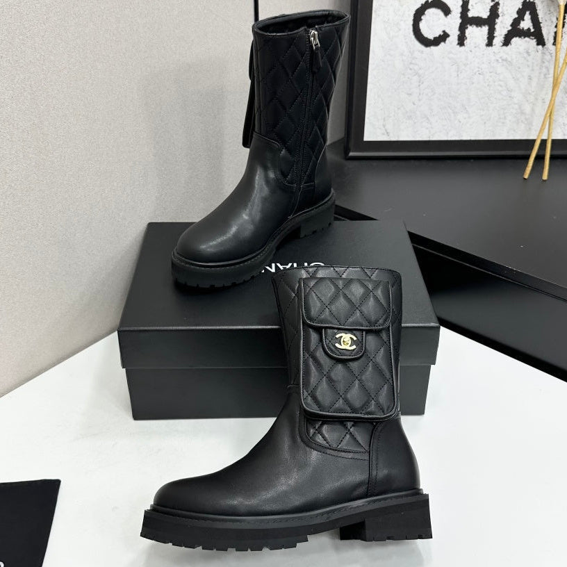 Chanel 2026 Quilted Pocket Combat Boots Black Cowhide 985931