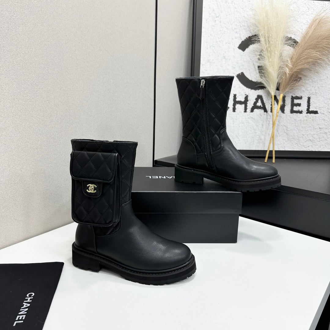 Chanel 2026 Quilted Pocket Combat Boots Black Cowhide 985931
