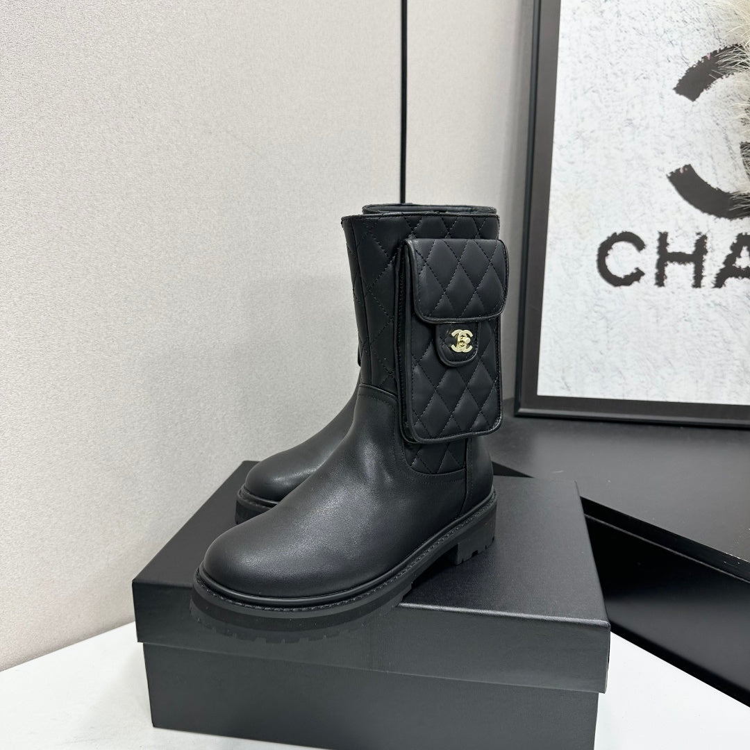 Chanel 2026 Quilted Pocket Combat Boots Black Cowhide 985931