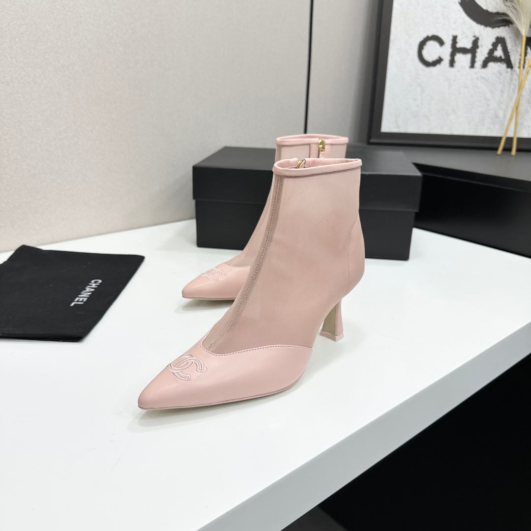 Chanel 2026 Pointed Toe Ankle Boots 80mm Mesh Suede Cowhide 985779