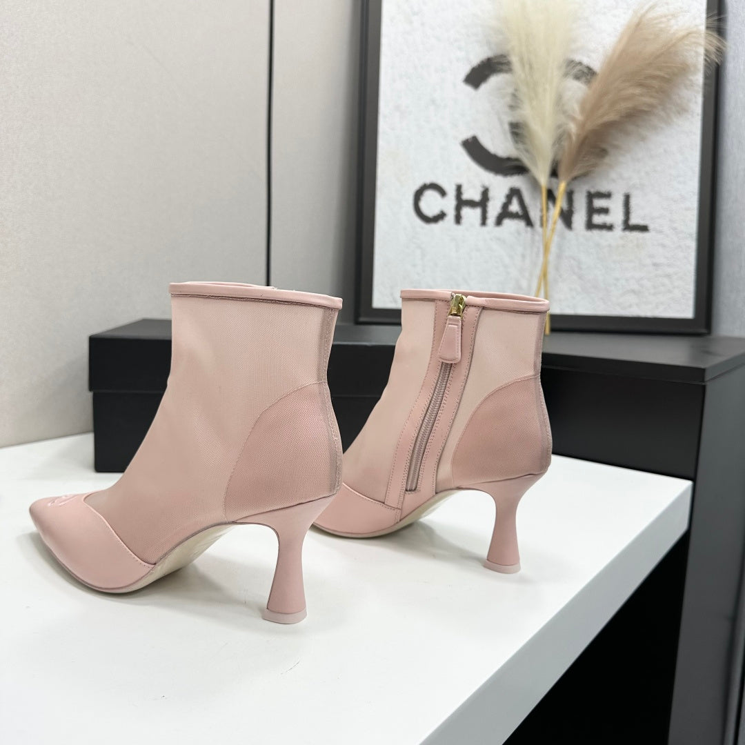 Chanel 2026 Pointed Toe Ankle Boots 80mm Mesh Suede Cowhide 985779