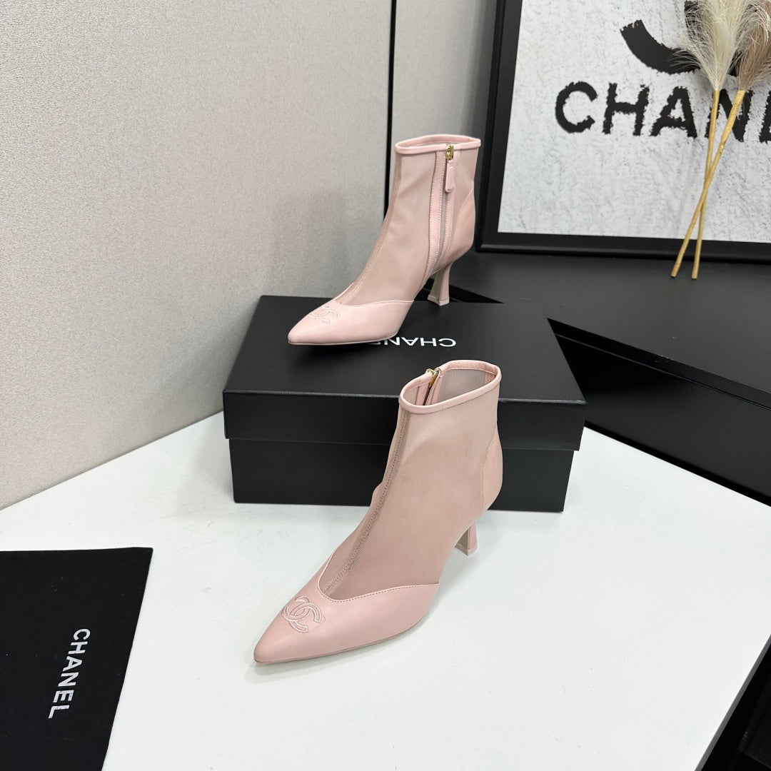 Chanel 2026 Pointed Toe Ankle Boots 80mm Mesh Suede Cowhide 985779
