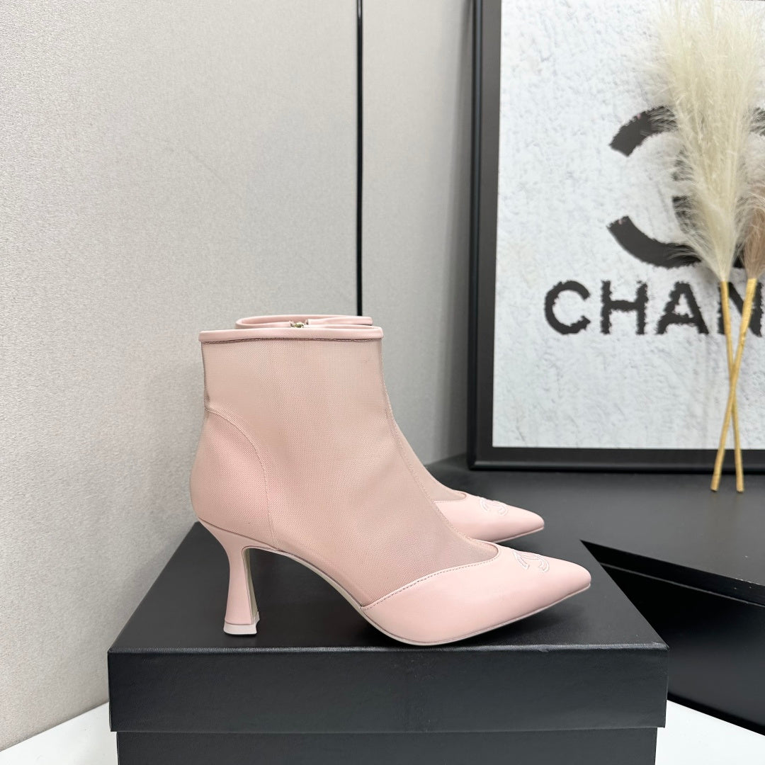 Chanel 2026 Pointed Toe Ankle Boots 80mm Mesh Suede Cowhide 985779