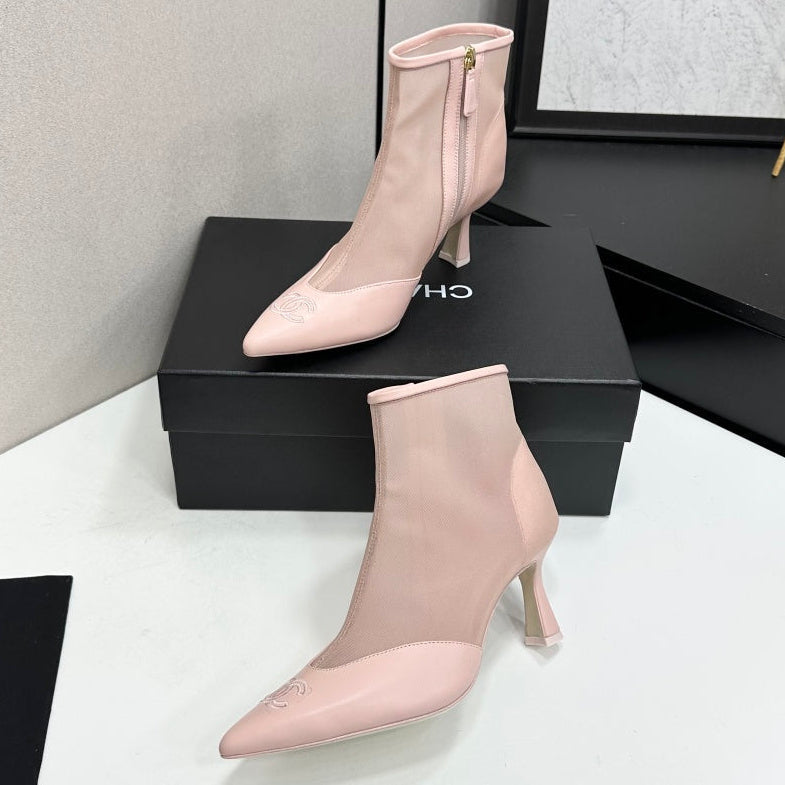 Chanel 2026 Pointed Toe Ankle Boots 80mm Mesh Suede Cowhide 985779