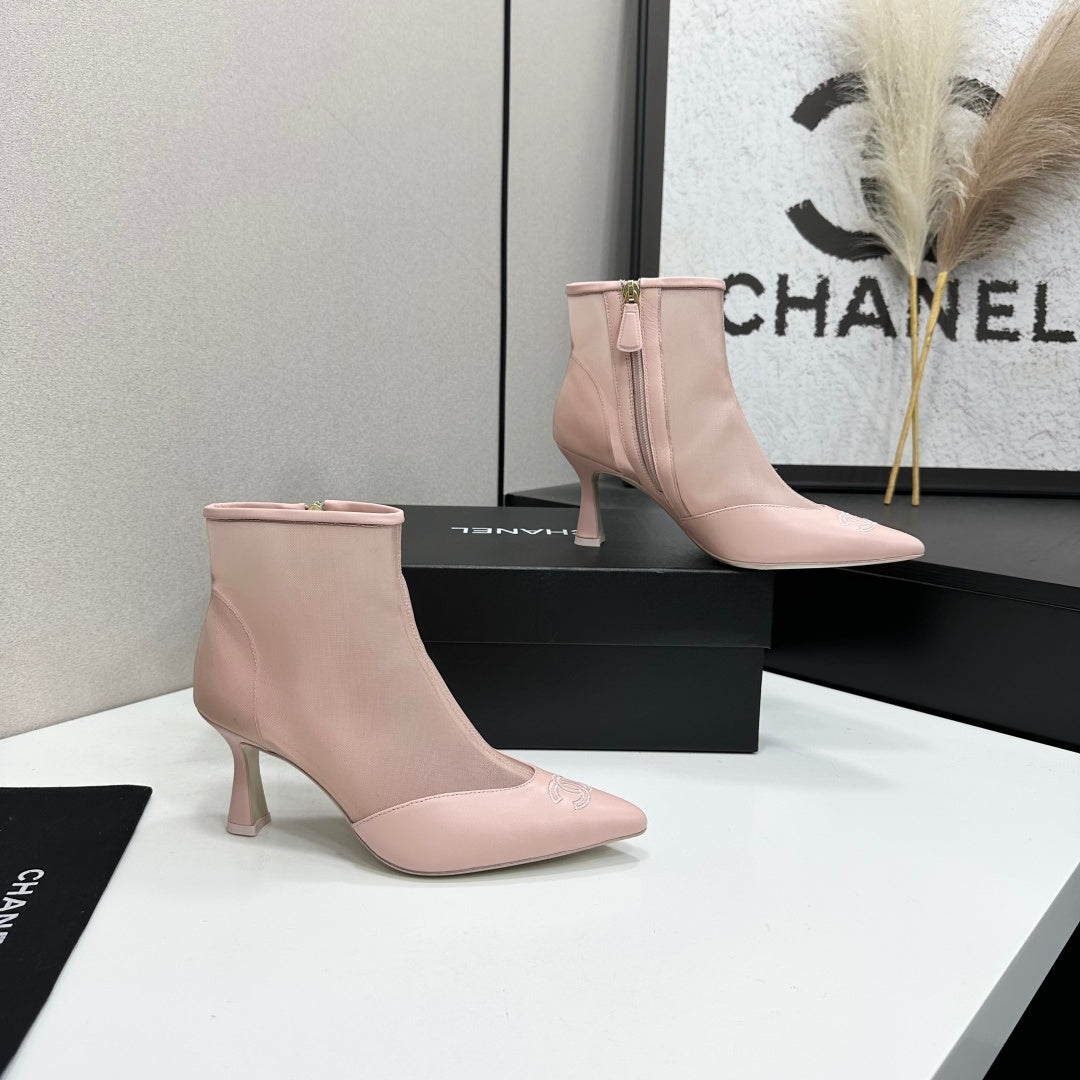 Chanel 2026 Pointed Toe Ankle Boots 80mm Mesh Suede Cowhide 985779