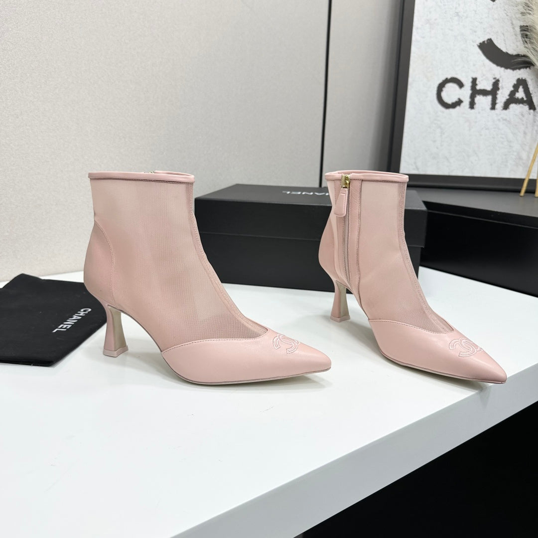 Chanel 2026 Pointed Toe Ankle Boots 80mm Mesh Suede Cowhide 985779