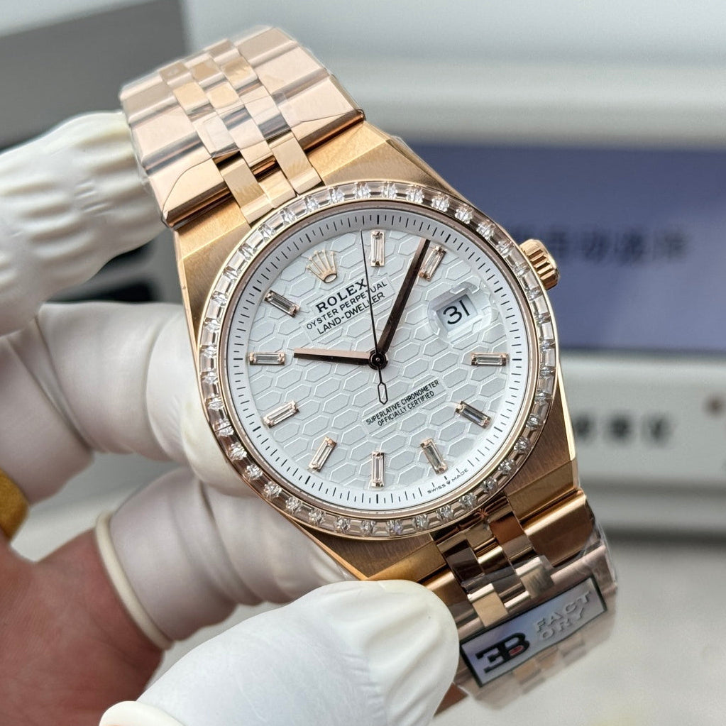 Rolex Land-Dweller Pink Gold White Dial Diamond Bezel