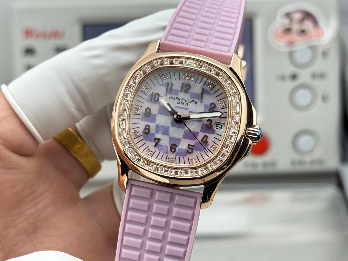 Patek Philippe Aquanaut 36mm Pink Gold Case Diamond Dial Light Purple Rubber Strap