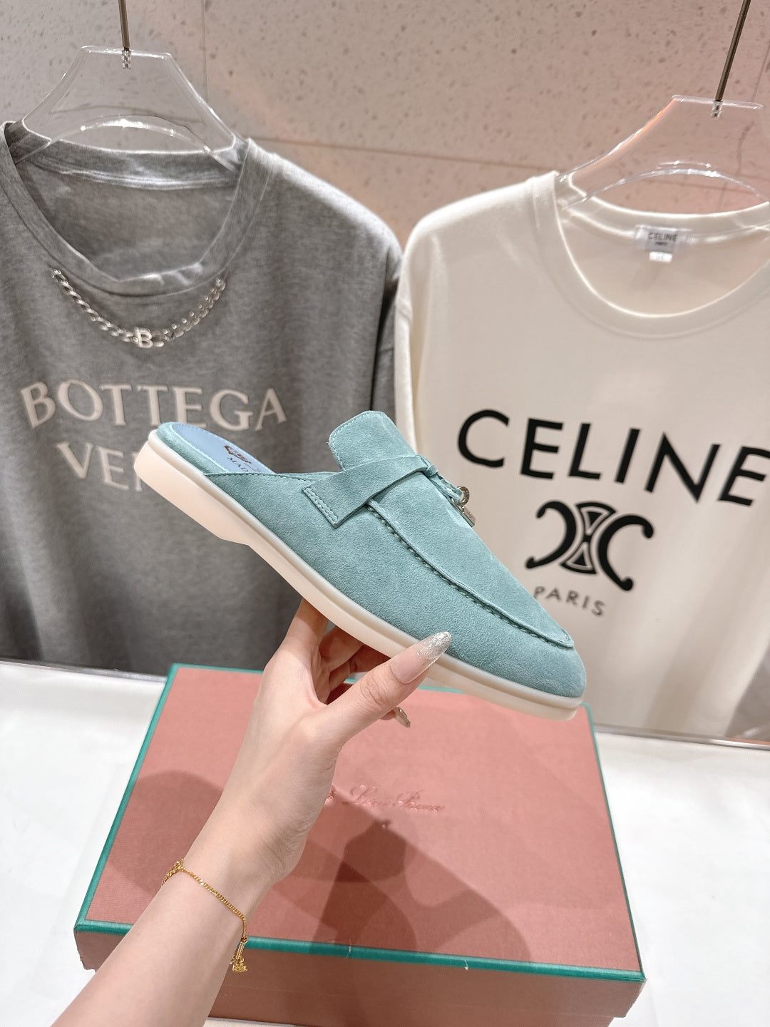 Loro Piana 2026 Babouche Charms Walk Mule Sky Blue Suede