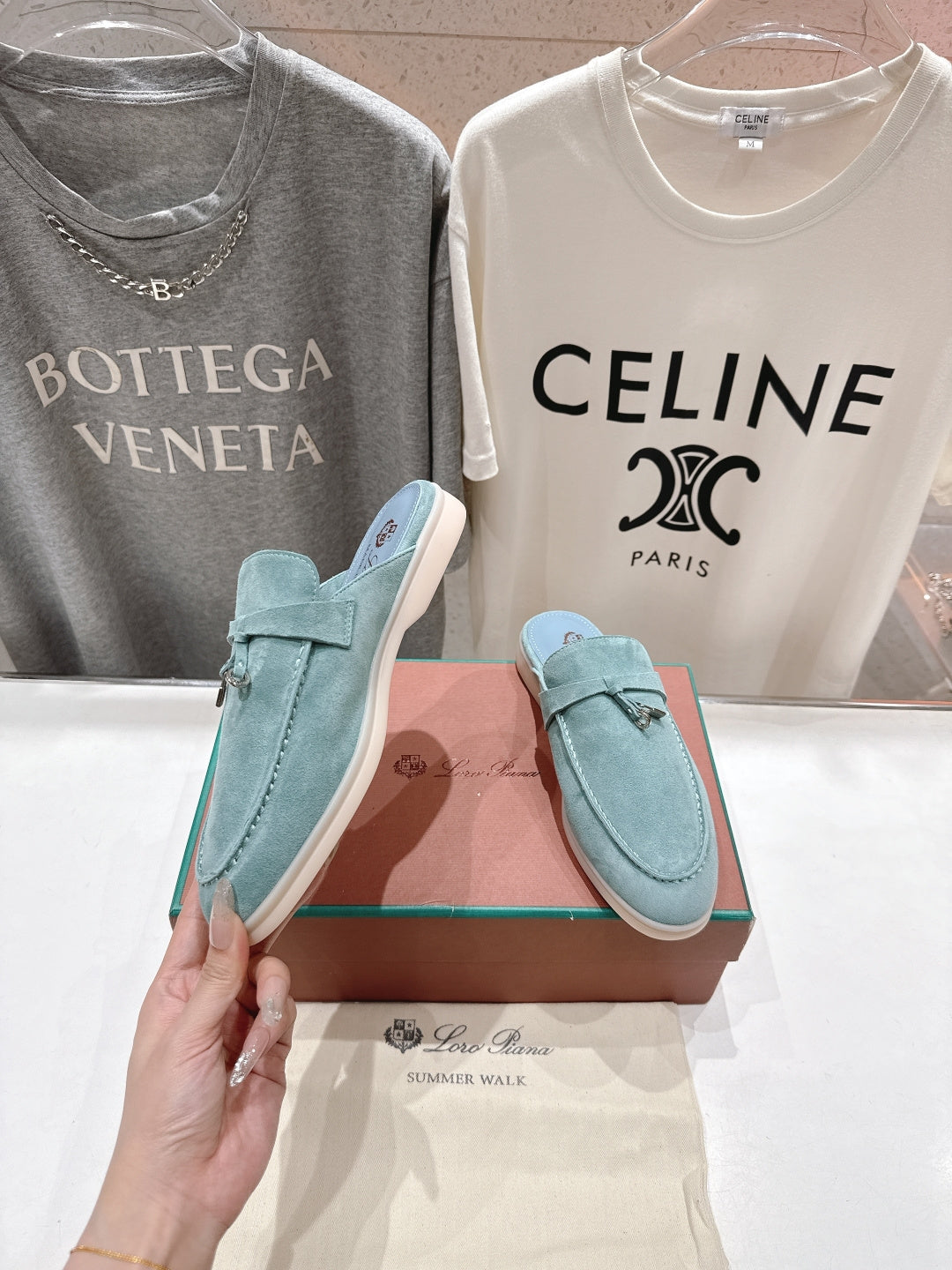 Loro Piana 2026 Babouche Charms Walk Mule Sky Blue Suede