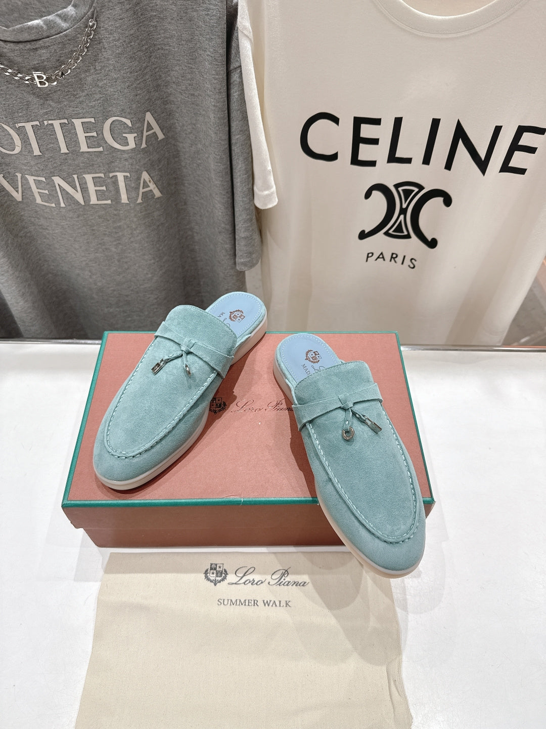 Loro Piana 2026 Babouche Charms Walk Mule Sky Blue Suede