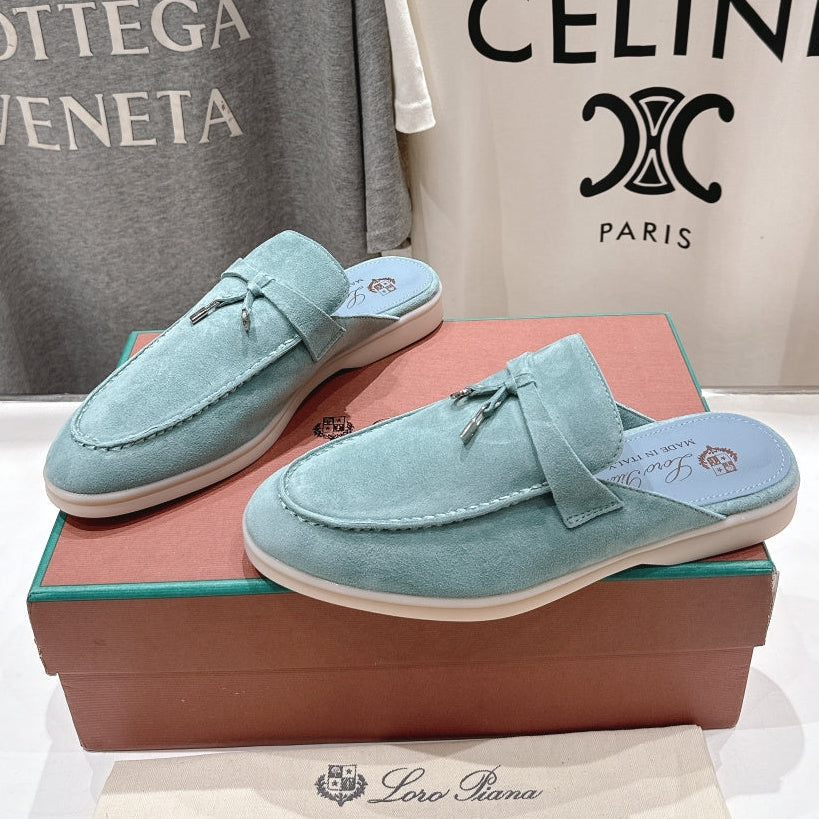 Loro Piana 2026 Babouche Charms Walk Mule Sky Blue Suede