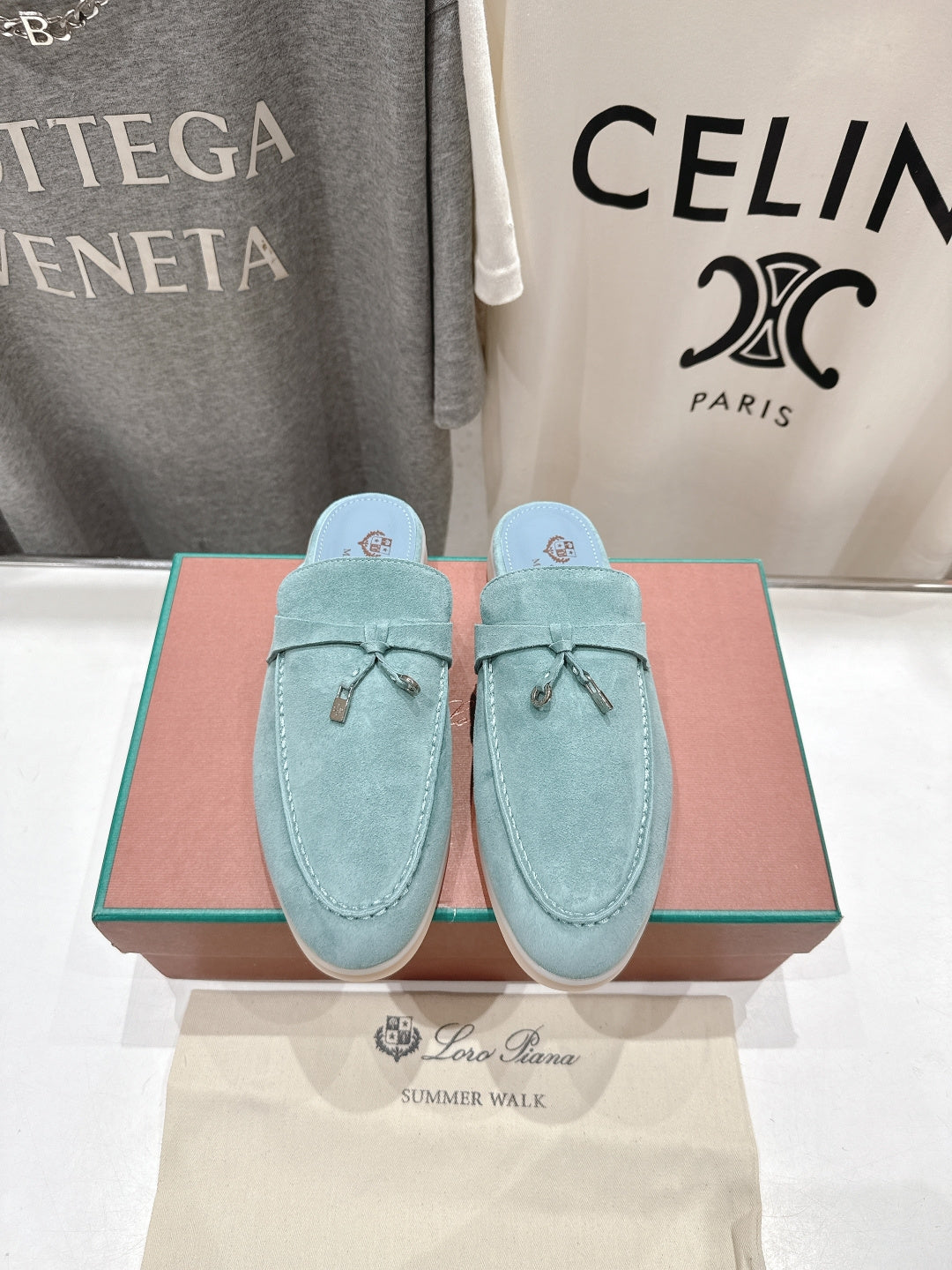 Loro Piana 2026 Babouche Charms Walk Mule Sky Blue Suede