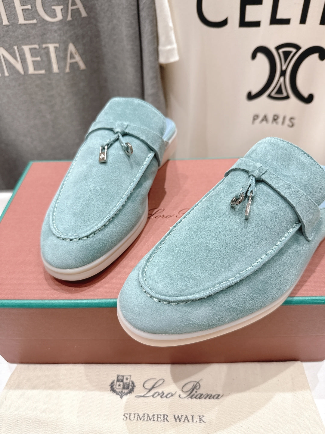 Loro Piana 2026 Babouche Charms Walk Mule Sky Blue Suede
